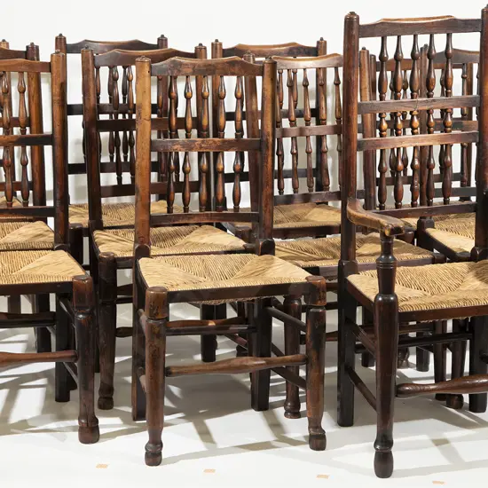 Set Twelve C19th Lancastershire Elm Dining Chairs