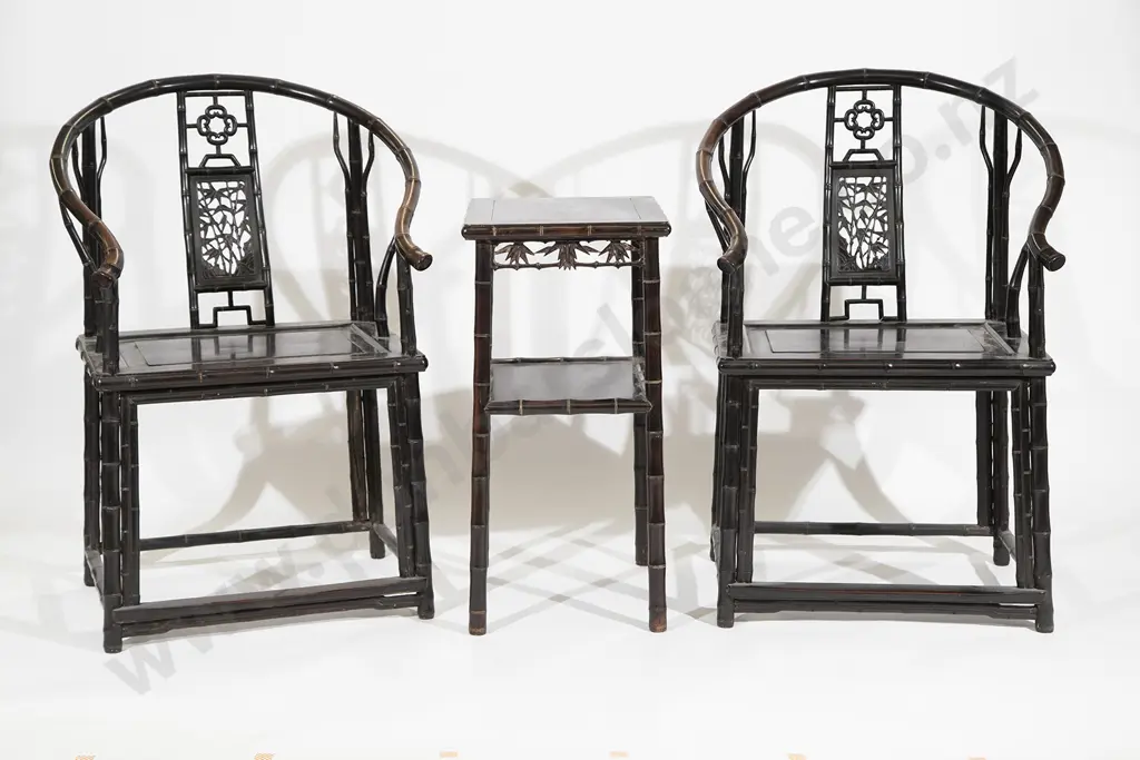 Pair Late C19th Chinese Rosewood Yoke Back Chairs and Table Image 1++