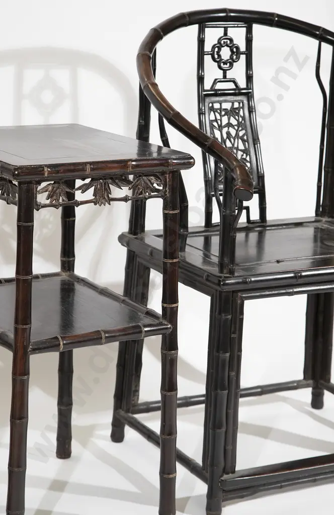 Pair Late C19th Chinese Rosewood Yoke Back Chairs and Table Image 1++