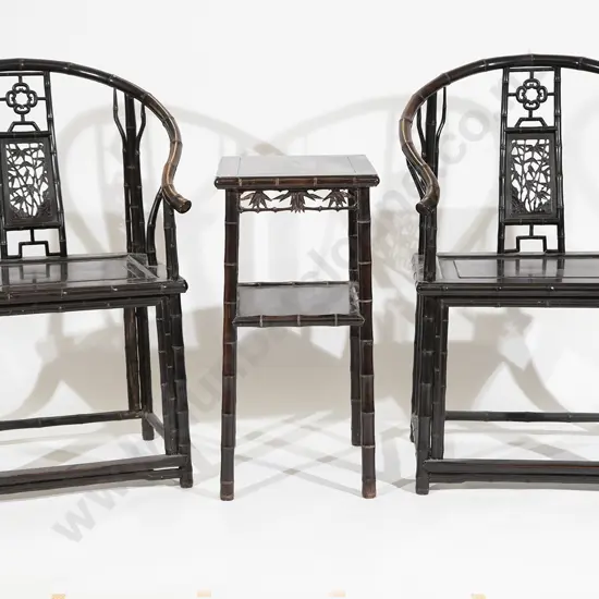 Pair Late C19th Chinese Rosewood Yoke Back Chairs and Table