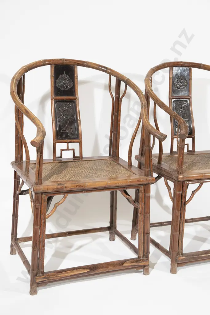 Pair Late C19th Chinese Fruitwood Yoke Back Arm Chairs Image 1++