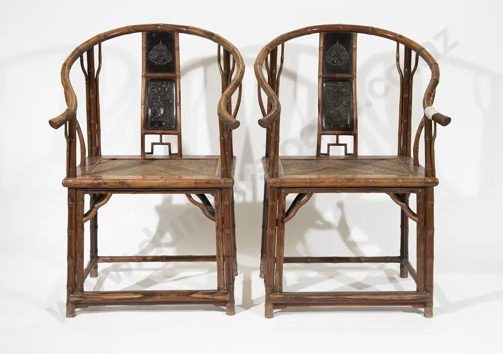 Pair Late C19th Chinese Fruitwood Yoke Back Arm Chairs Image 1++