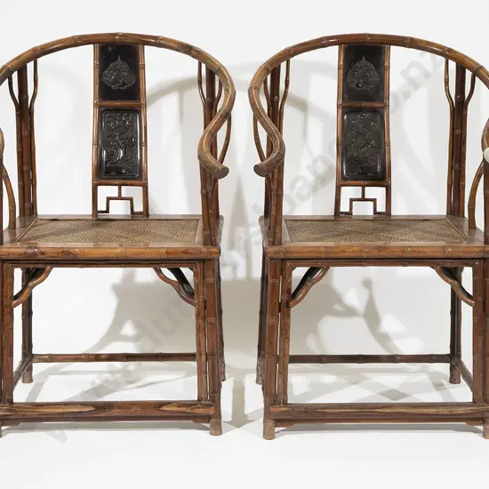 Pair Late C19th Chinese Fruitwood Yoke Back Arm Chairs
