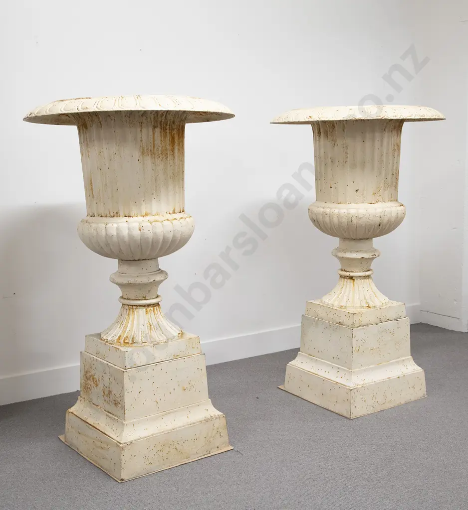 Pair Large Victorian Reproduction Cast Iron Garden Urn Planters Image 1++