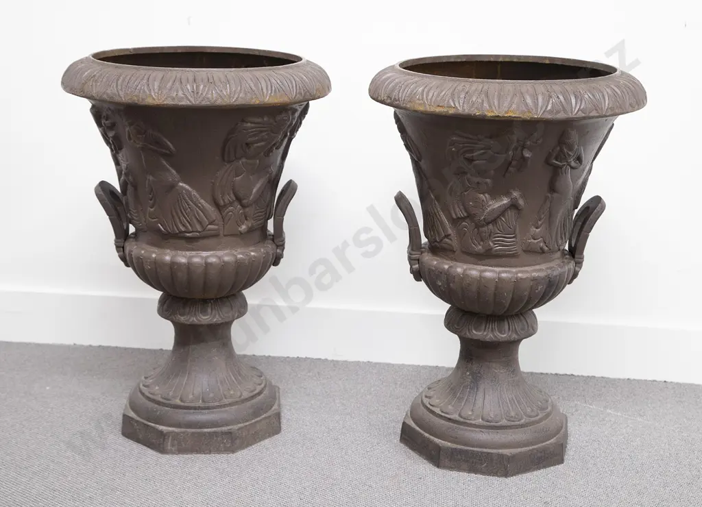 Pair Victorian Reproduction Cast Iron Garden Urns Image 1++