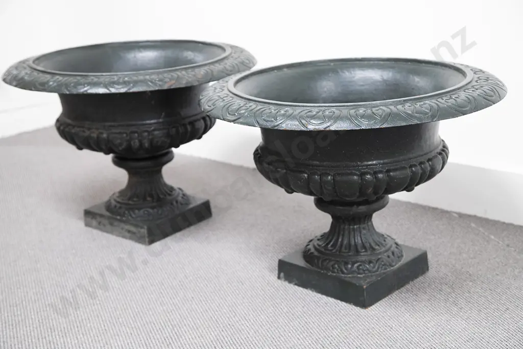 Pair Victorian Reproduction Cast Iron Garden Urns Image 1++