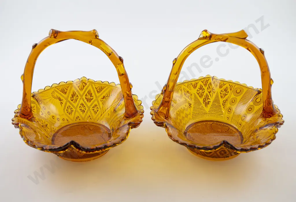 Pair Moulded Amber Glass Bonbon Baskets Image 1++