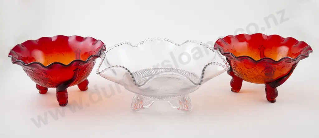 Pair Moulded Red Glass Bowls Image 1++