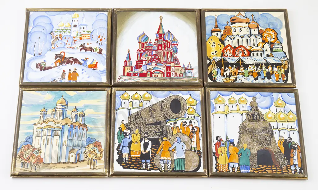 Set Six Russian Hand Painted Tiles Image 1++