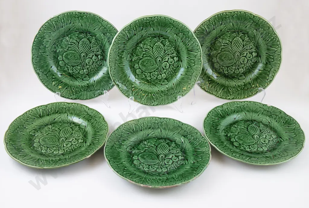 Set Six Leaf Moulded Green Glaze Plates Image 1++