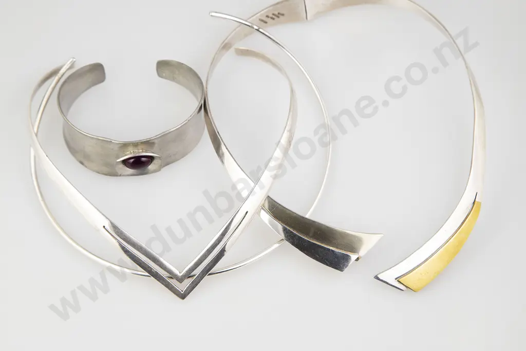 Three Silver Neck Chokers & Pewter Jensen Bracelet Image 1++