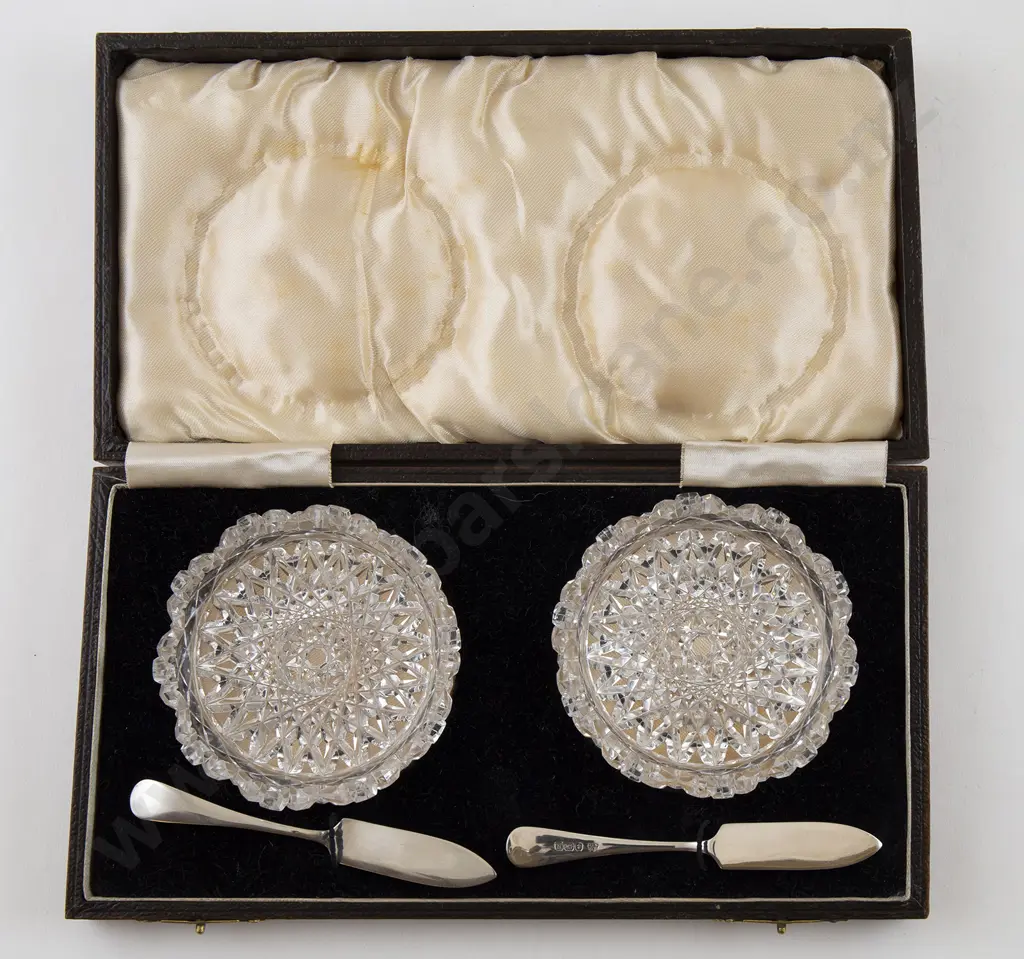 Cased Pair Glass Butter Dishes With S/S Knives Image 1++