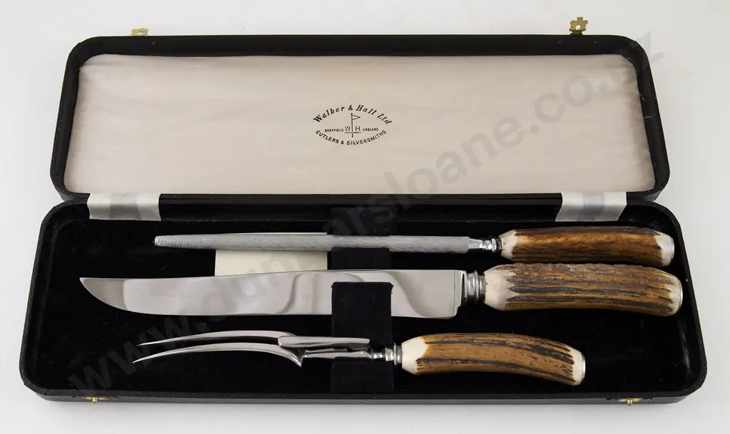 Three Piece Antler Handled Carving Set By Walker & Hall Image 1++