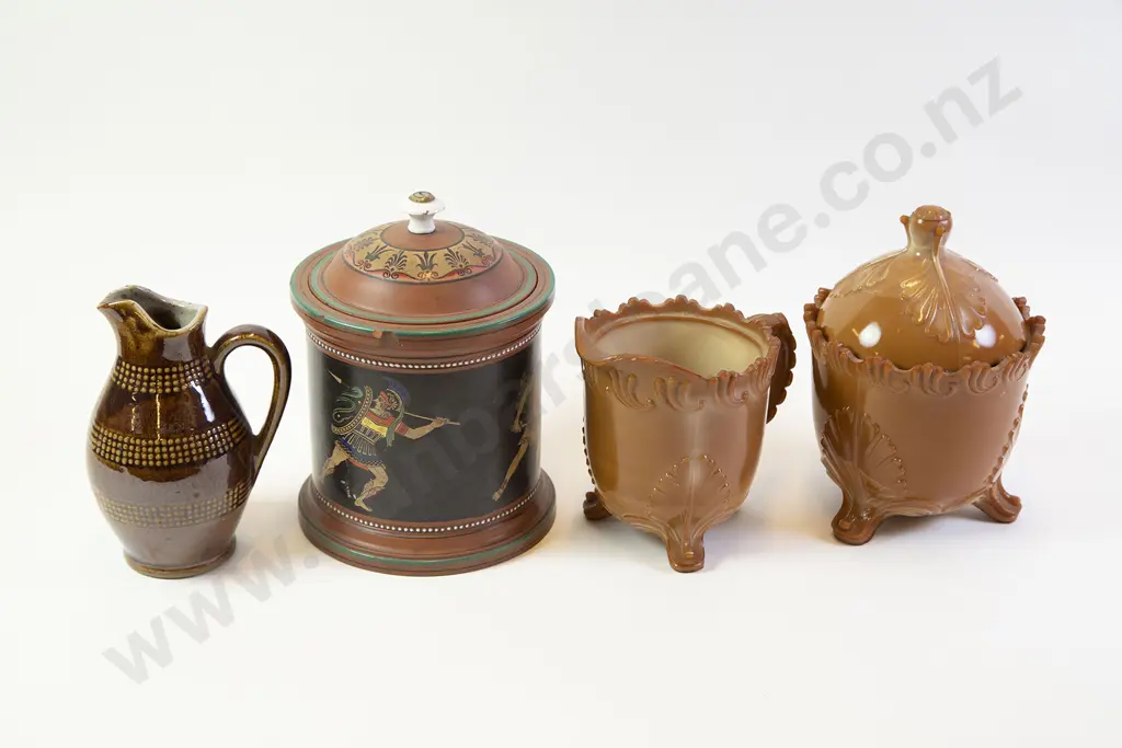 Terracotta Tobacco Jar with Jug & Moulded Glass Sugar & Cream Image 1++