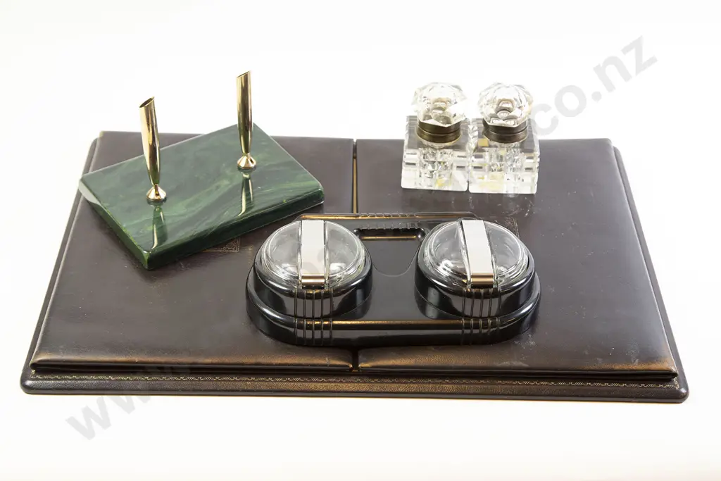 Two Desk Stands with Pair Ink Wells & Desk Pad Image 1++