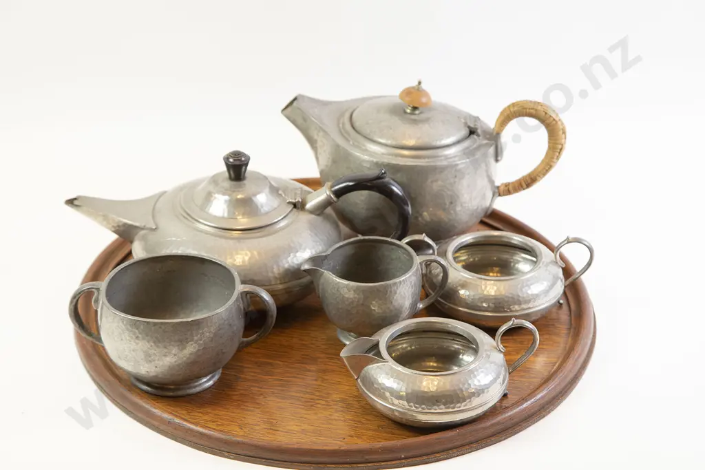 Two English Pewter Teasets on Oak Tray Image 1++
