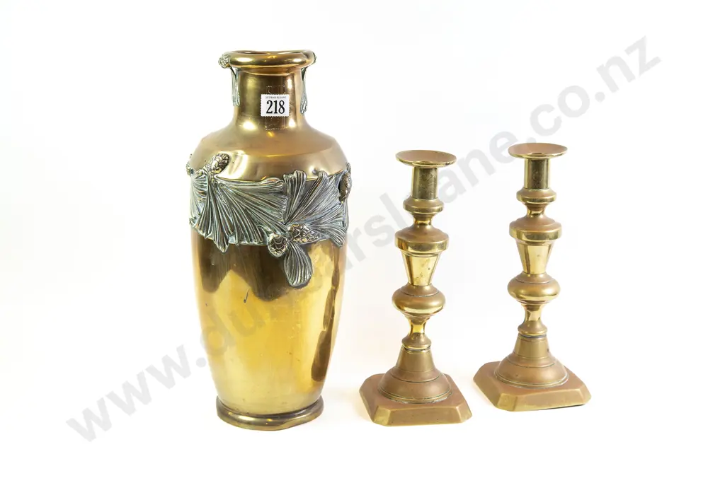 Pair Ejector Brass Candlesticks & Vase Image 1++