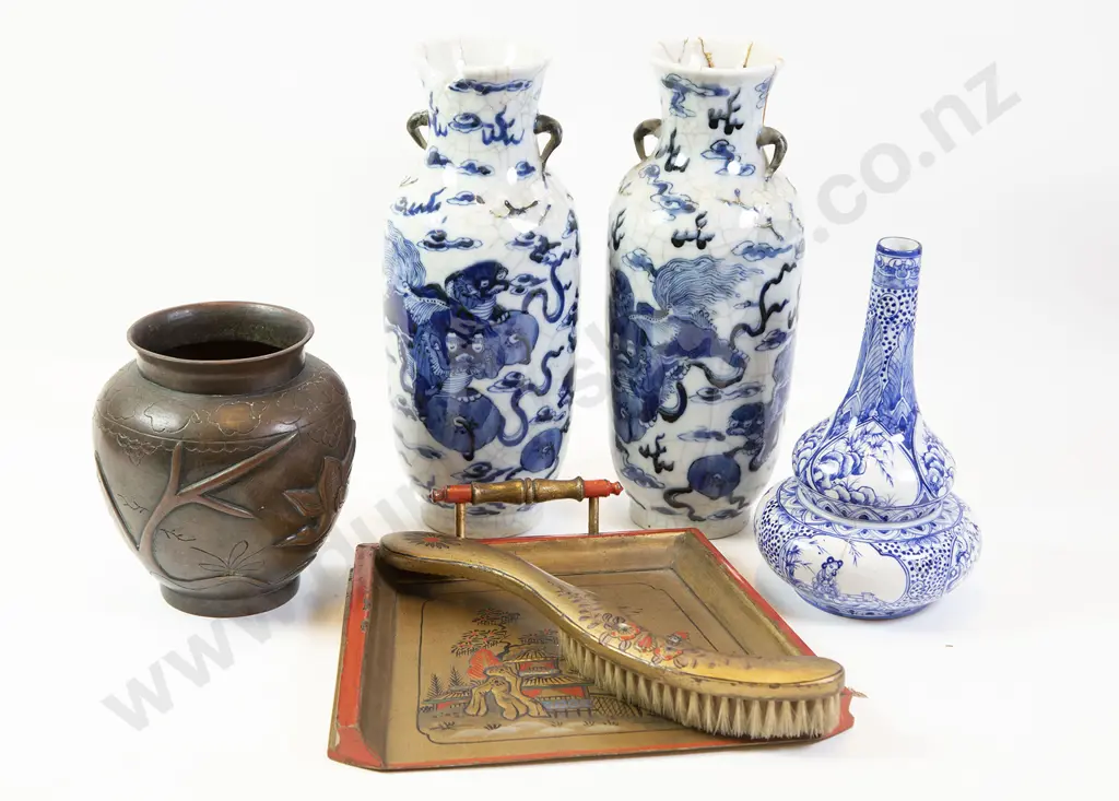 Asian B&W Ware with Bronze Vase & Crumb Tray with Brush Image 1++