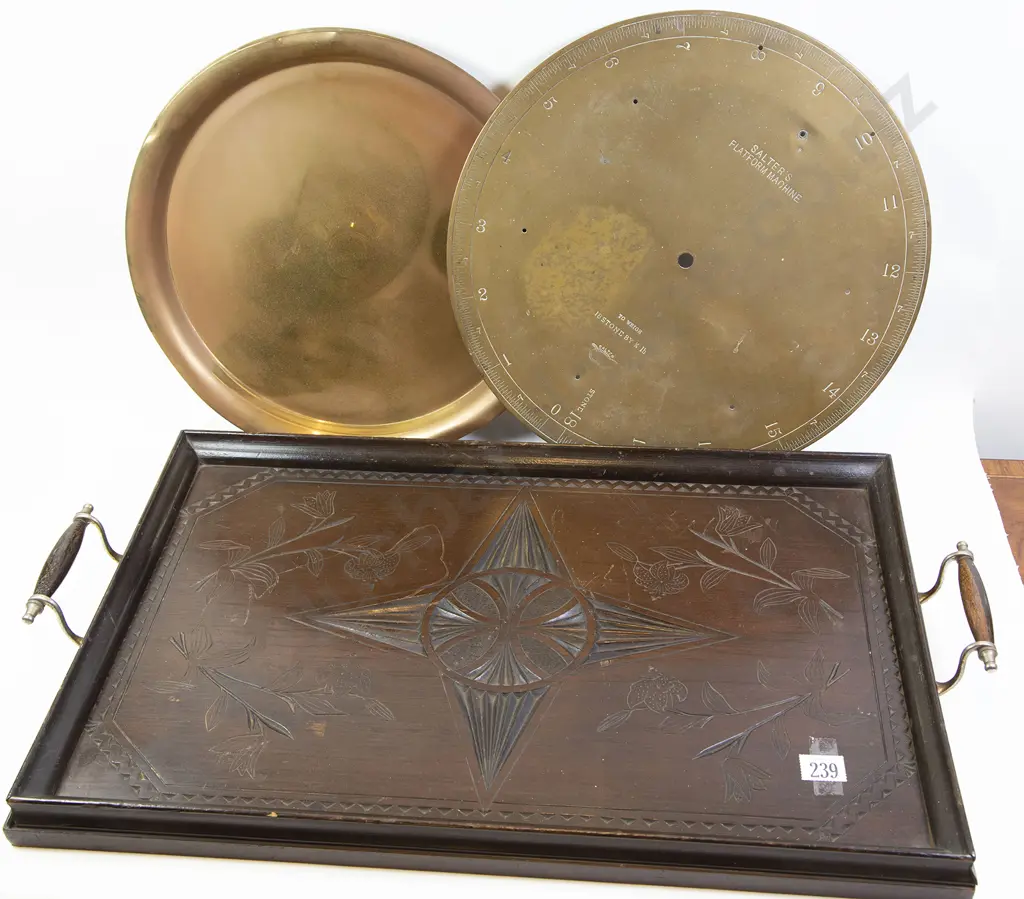 Early C20th Carved Wooden Tray with two brass trays & Slaters Scale Face Image 1++