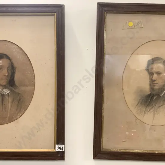 Pair Victorian Pastel Portraits and oval portrait print