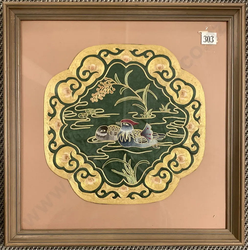 Chinese Framed Silk Panel & Japanese Woodblock Print Image 1++