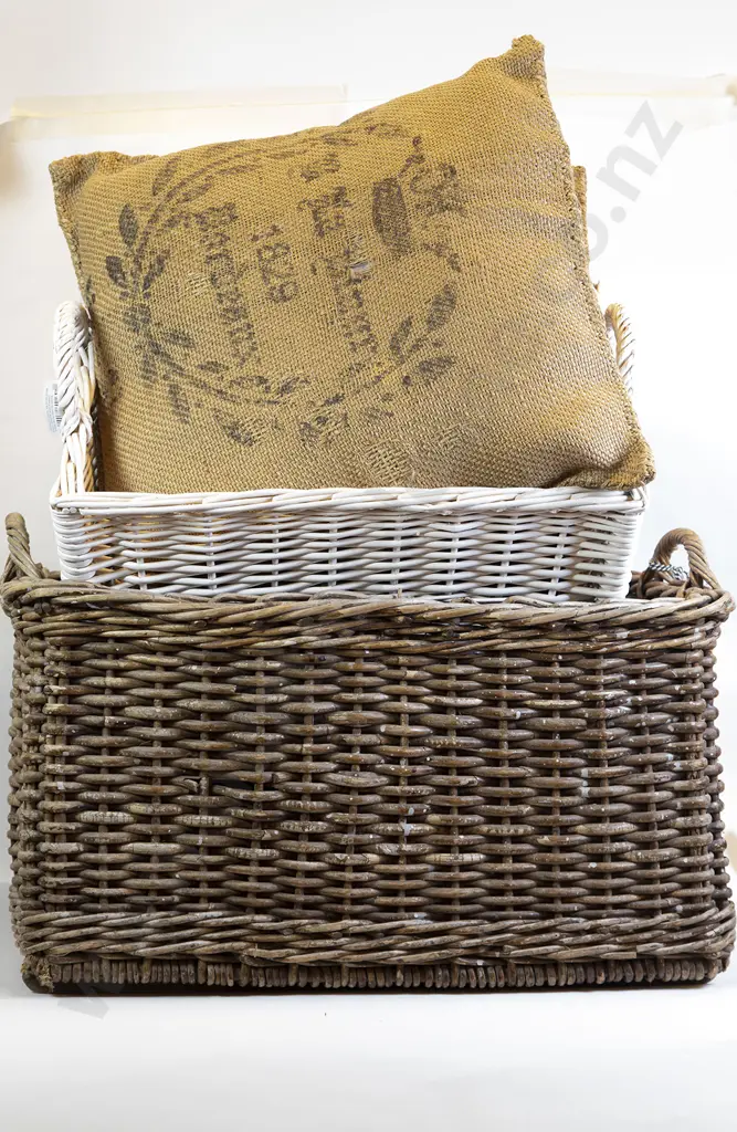 Two Cane Baskets with Two Sack Pillows Image 1++