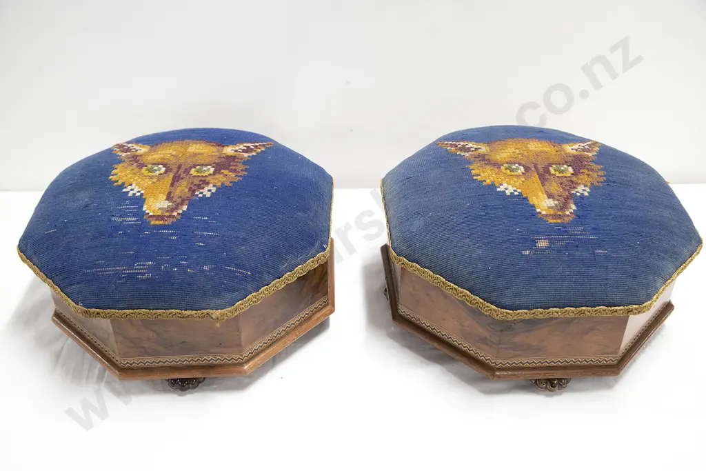 Pair Victorian Walnut Hexagonal Boxed Ceramic Spittoons Image 1++