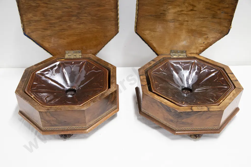 Pair Victorian Walnut Hexagonal Boxed Ceramic Spittoons Image 1++