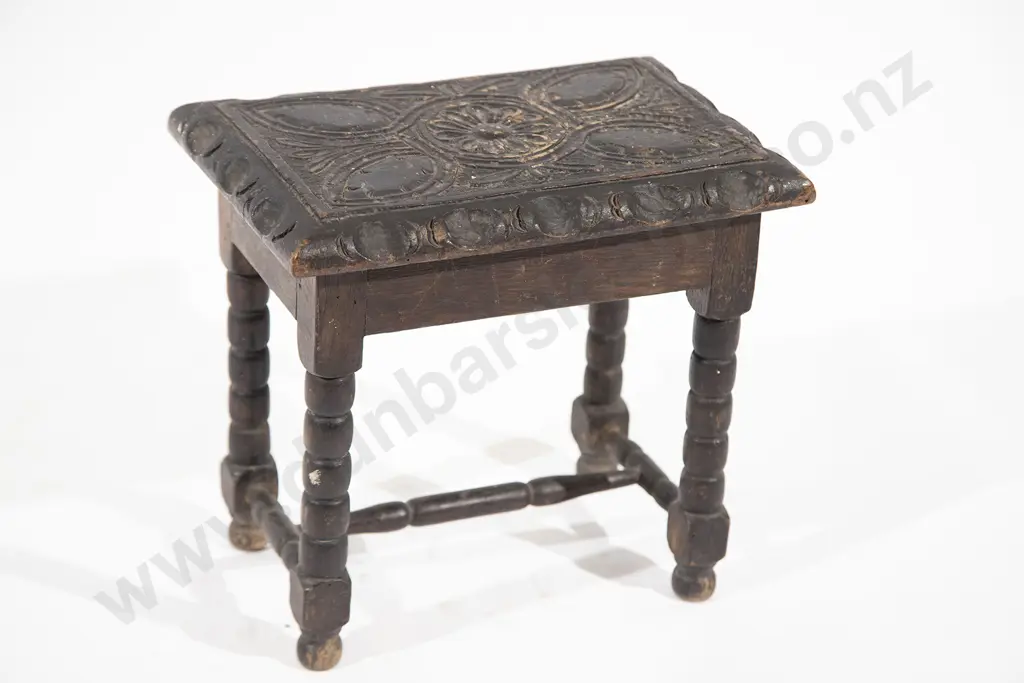 Small C19th Carved Oak Stool Image 1++