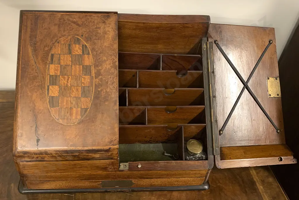 Victorian Burr Walnut & Parquetry Wedge Shape Stationary Box Image 1++