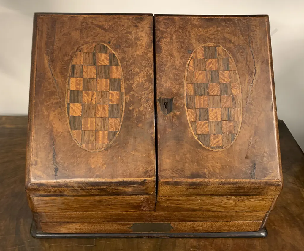 Victorian Burr Walnut & Parquetry Wedge Shape Stationary Box Image 1++