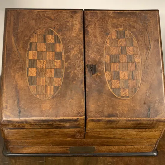 Victorian Burr Walnut & Parquetry Wedge Shape Stationary Box