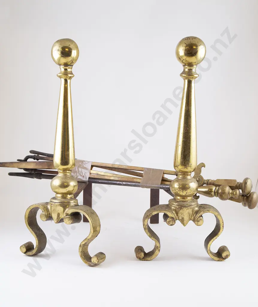 Four Brass Fire Irons & Pair Andirons Image 1++