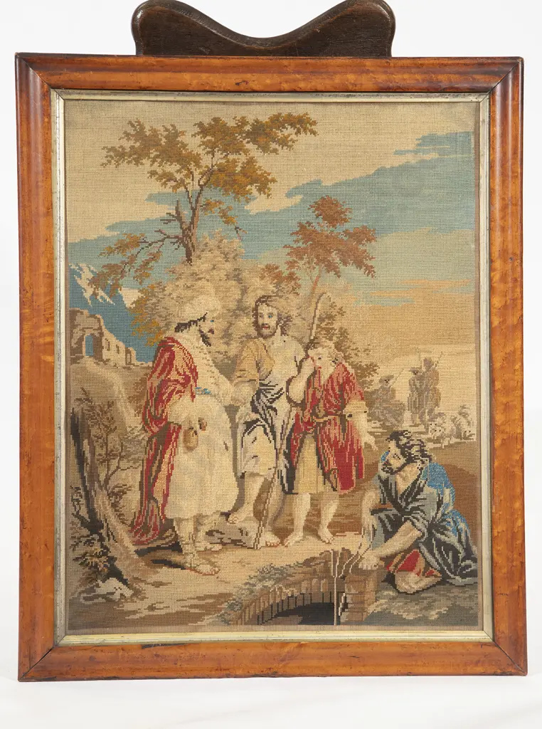 Victorian Maple Framed Religious Tapestry Image 1++