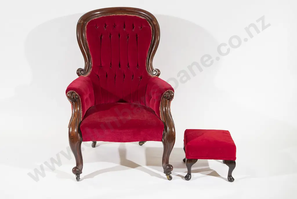 Victorian Mahogany Grandfather Chair and later footstool Image 1++