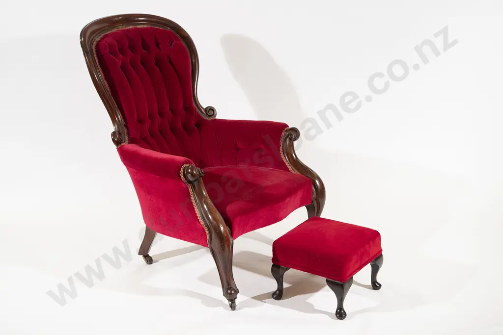 Victorian Mahogany Grandfather Chair and later footstool Image 1++