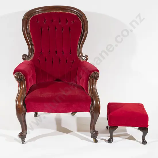 Victorian Mahogany Grandfather Chair and later footstool