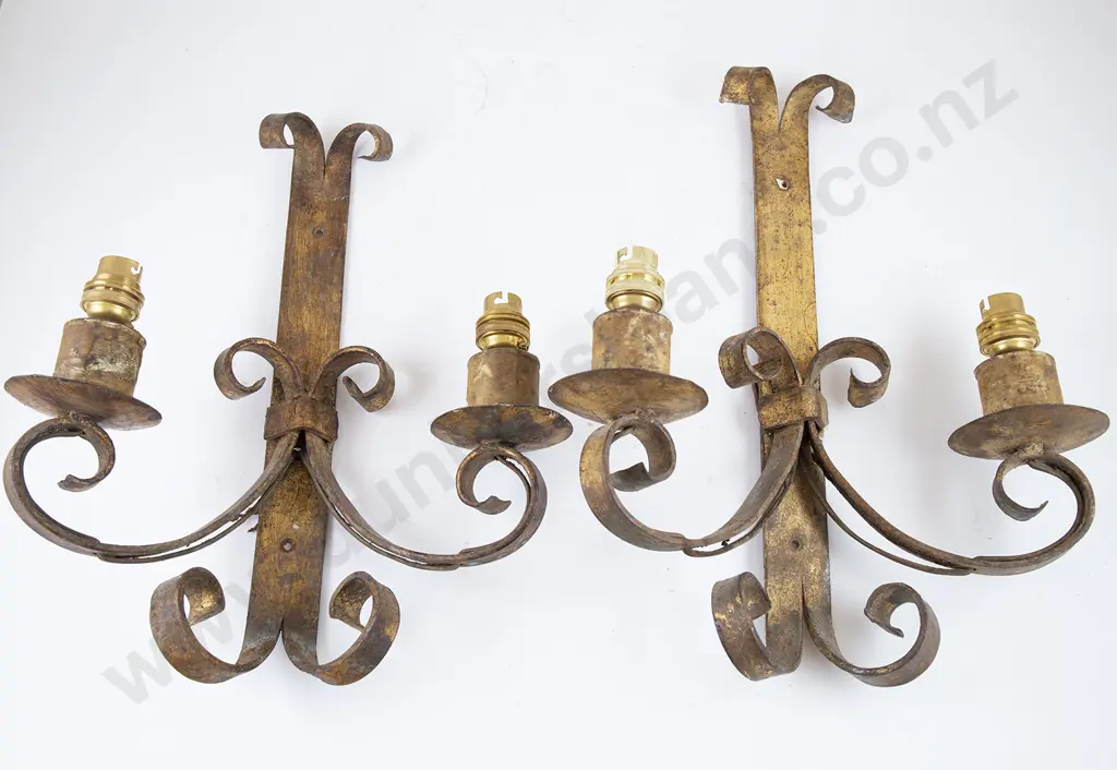 Pair Gilt Wrought Metal Wall Lamp Sconces Image 1++