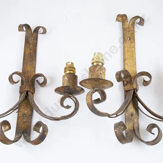 Pair Gilt Wrought Metal Wall Lamp Sconces