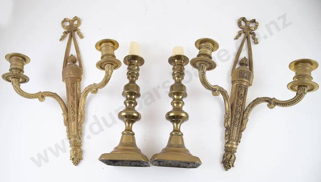 Pair Ormolu Wall Lamp Sconces and pair brass candlesticks Image 1++