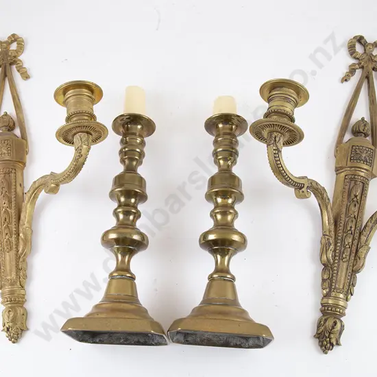Pair Ormolu Wall Lamp Sconces and pair brass candlesticks