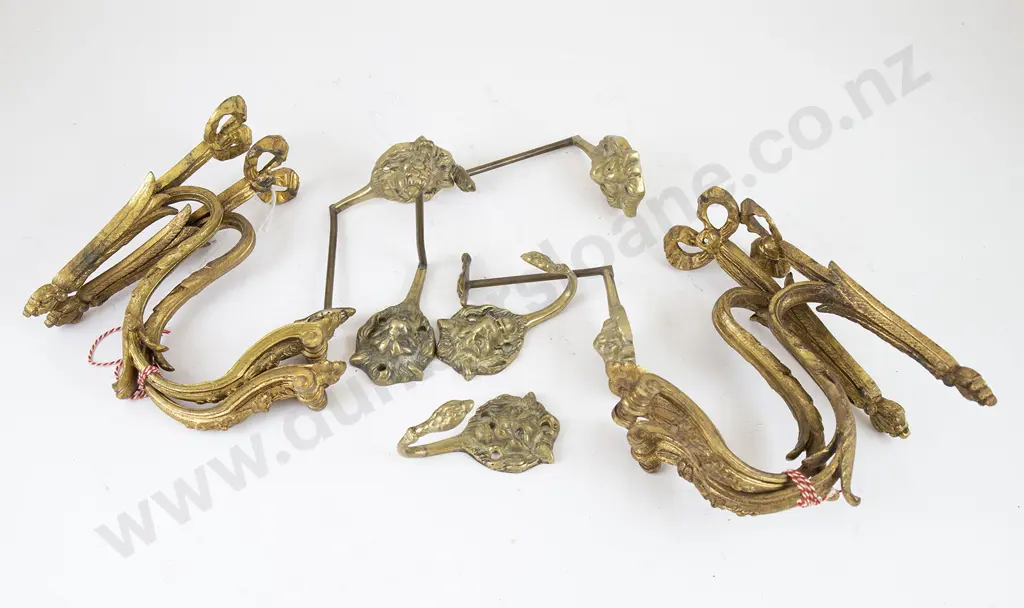 Set Four Ormolu Curtain Tie Backs and six gilt metal lion mask hooks Image 1++