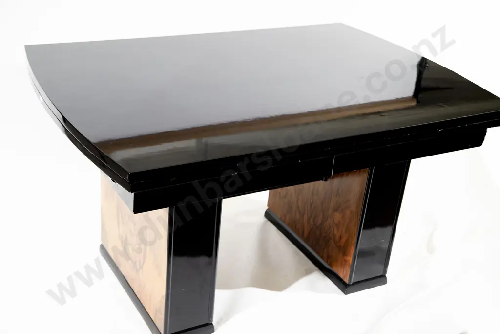 Art Deco Black Lacquered& Walnut Pull-Out Dining Table and Four Chairs Image 1++