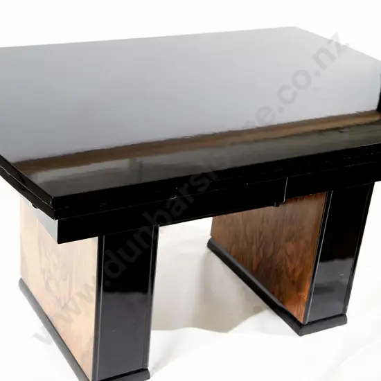Art Deco Black Lacquered& Walnut Pull-Out Dining Table and Four Chairs