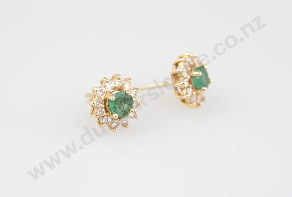 Pair Emerald and Diamond Cluster Stud Earrings Image 1++