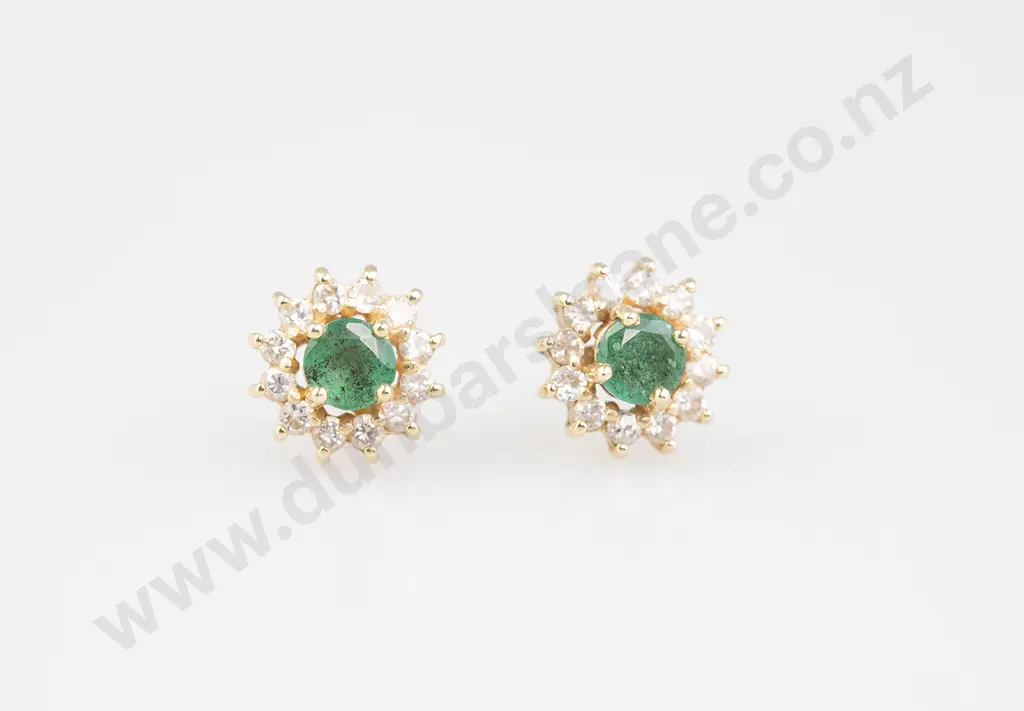 Pair Emerald and Diamond Cluster Stud Earrings Image 1++