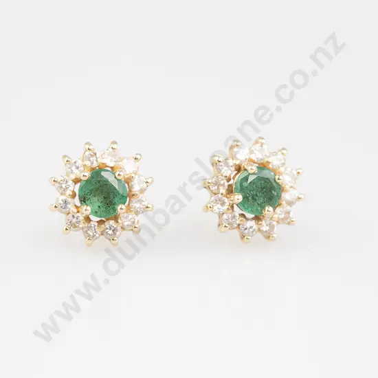 Pair Emerald and Diamond Cluster Stud Earrings