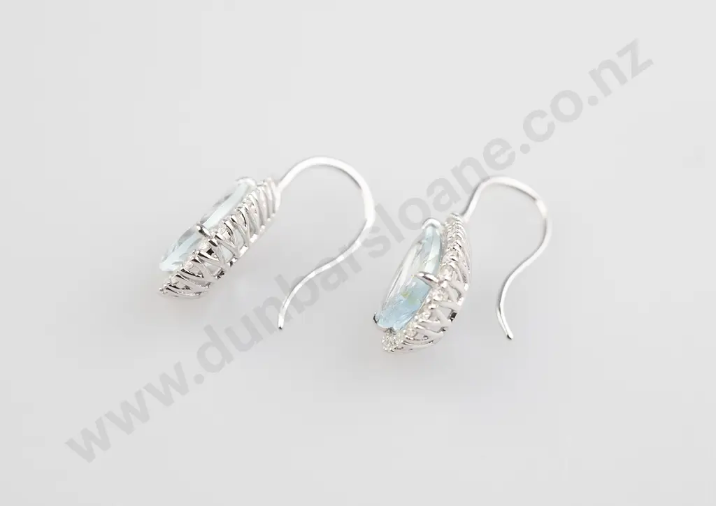 Pair 14ct White Gold Aquamarine and Diamond Cluster Drop Earrings Image 1++