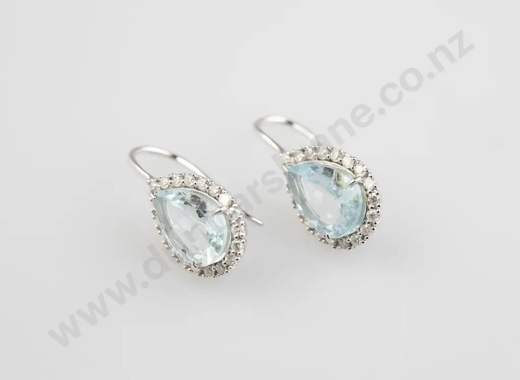 Pair 14ct White Gold Aquamarine and Diamond Cluster Drop Earrings Image 1++