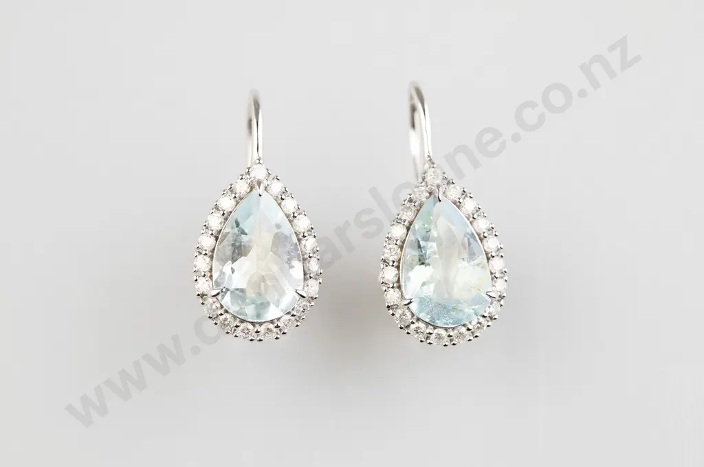 Pair 14ct White Gold Aquamarine and Diamond Cluster Drop Earrings Image 1++